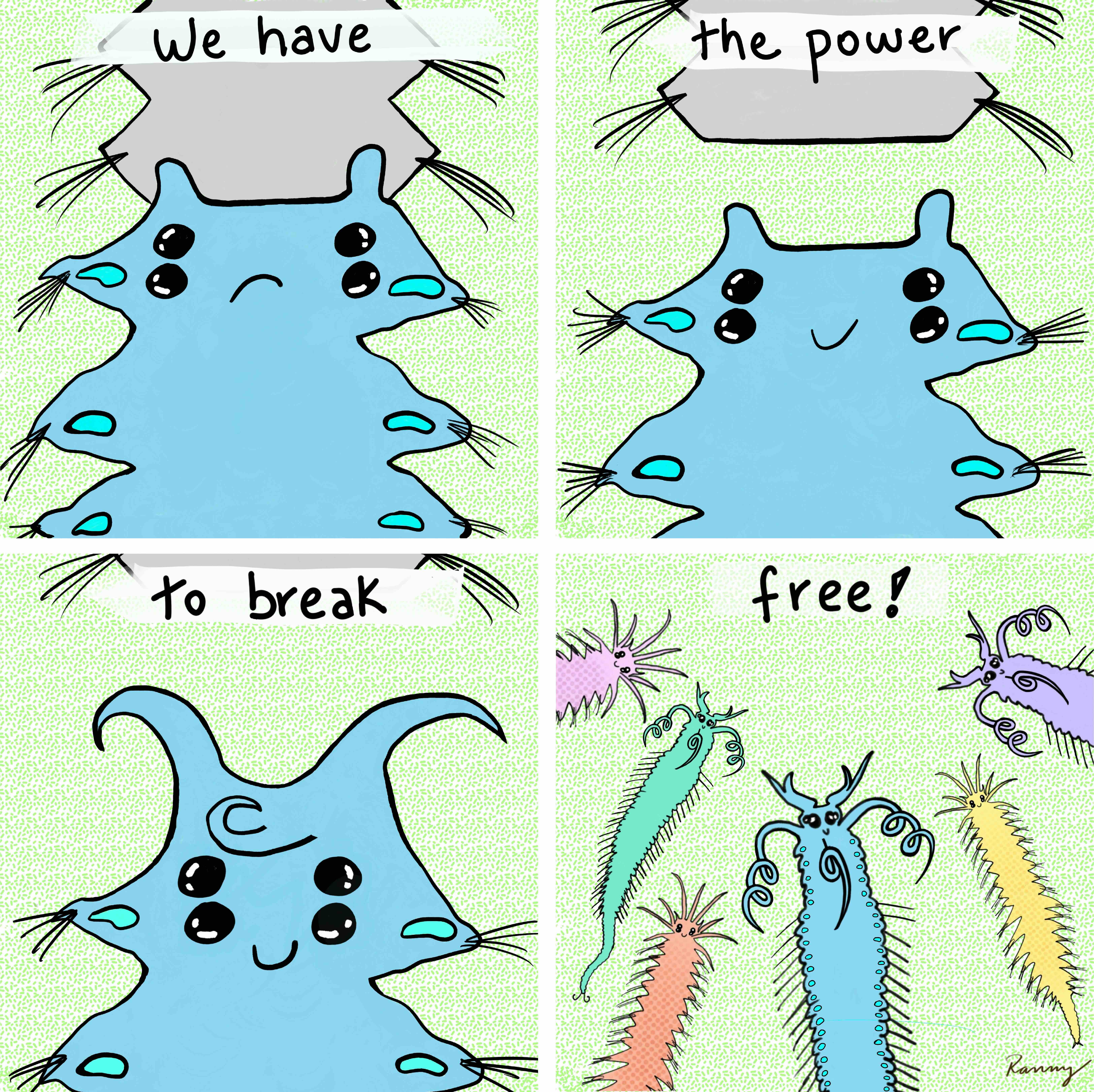 Breaking free. Some worms begin new life by letting part of themselves go. They grow special reproductive bodies called stolons. When the time comes, the stolons detach from the parent worm and swim freely through the water. There, they transform, find partners, and release the next generation into the sea. The parent worm survives this separation. It regenerates the missing body region and continues living, carrying the possibility of future cycles. This art is inspired by polychaetes of the family Syllidae.