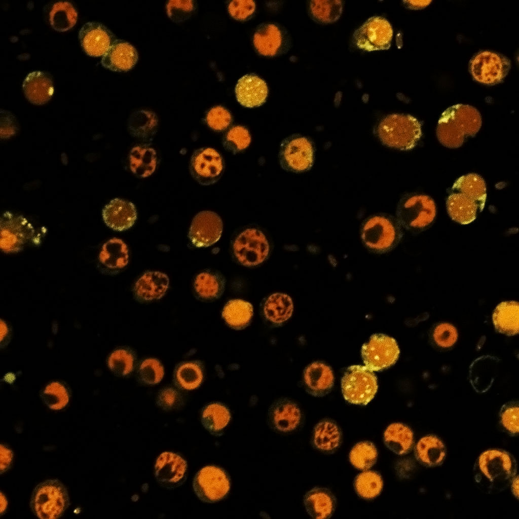 Sperm of Platynereis dumerilii labeled in orange (nuclei) and olive (standard lissaminated morpholino).